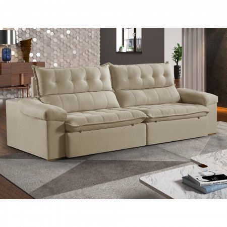 Sofa Retratil com Encosto Reclinavel Londres 260 cm Molas Ensacadas Tecido Veludo Bege Claro 25008413