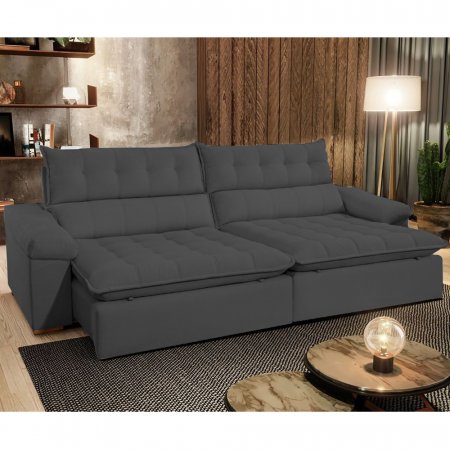 Sofa Retratil com Encosto Reclinavel Londres 300 cm Molas Ensacadas Tecido Veludo Grafite 25008396